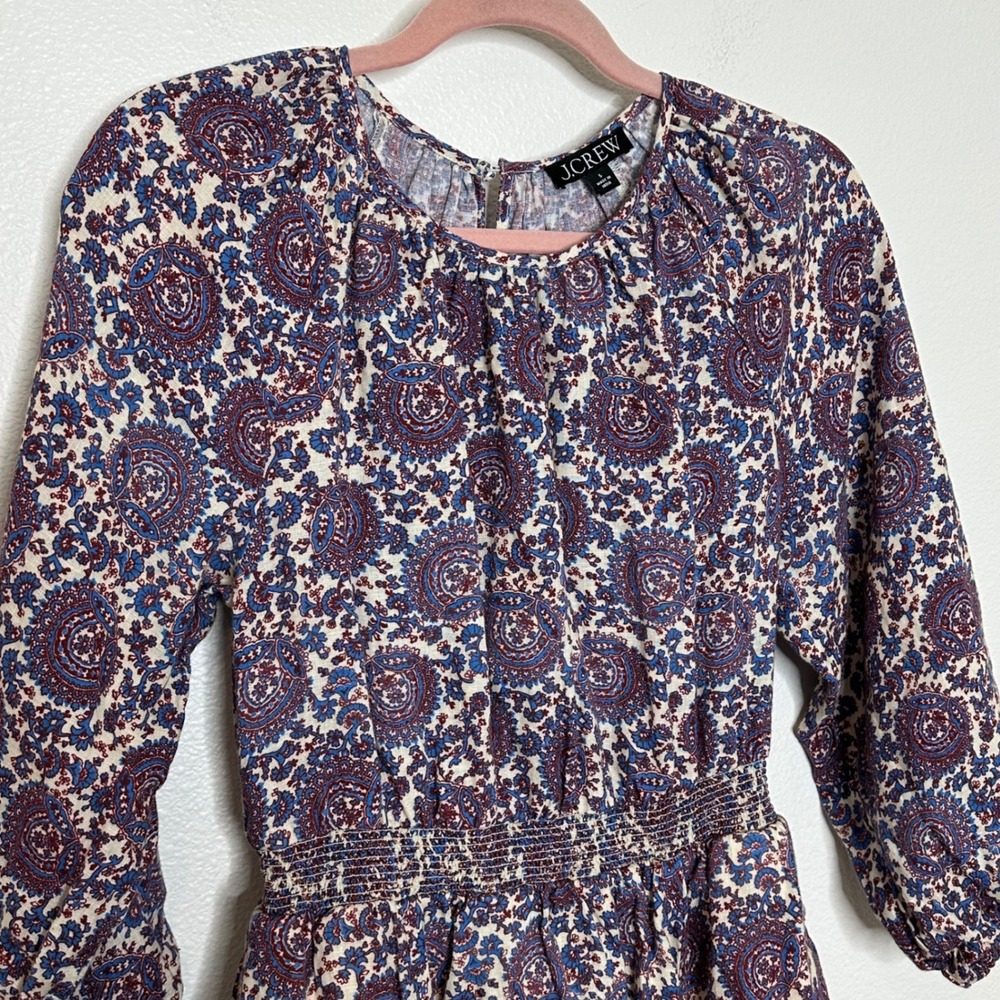 J. Crew Palermo Linen Smocked Waist Dress Size S Blue Red Floral Bouquet Cottage - Picture 4 of 10
